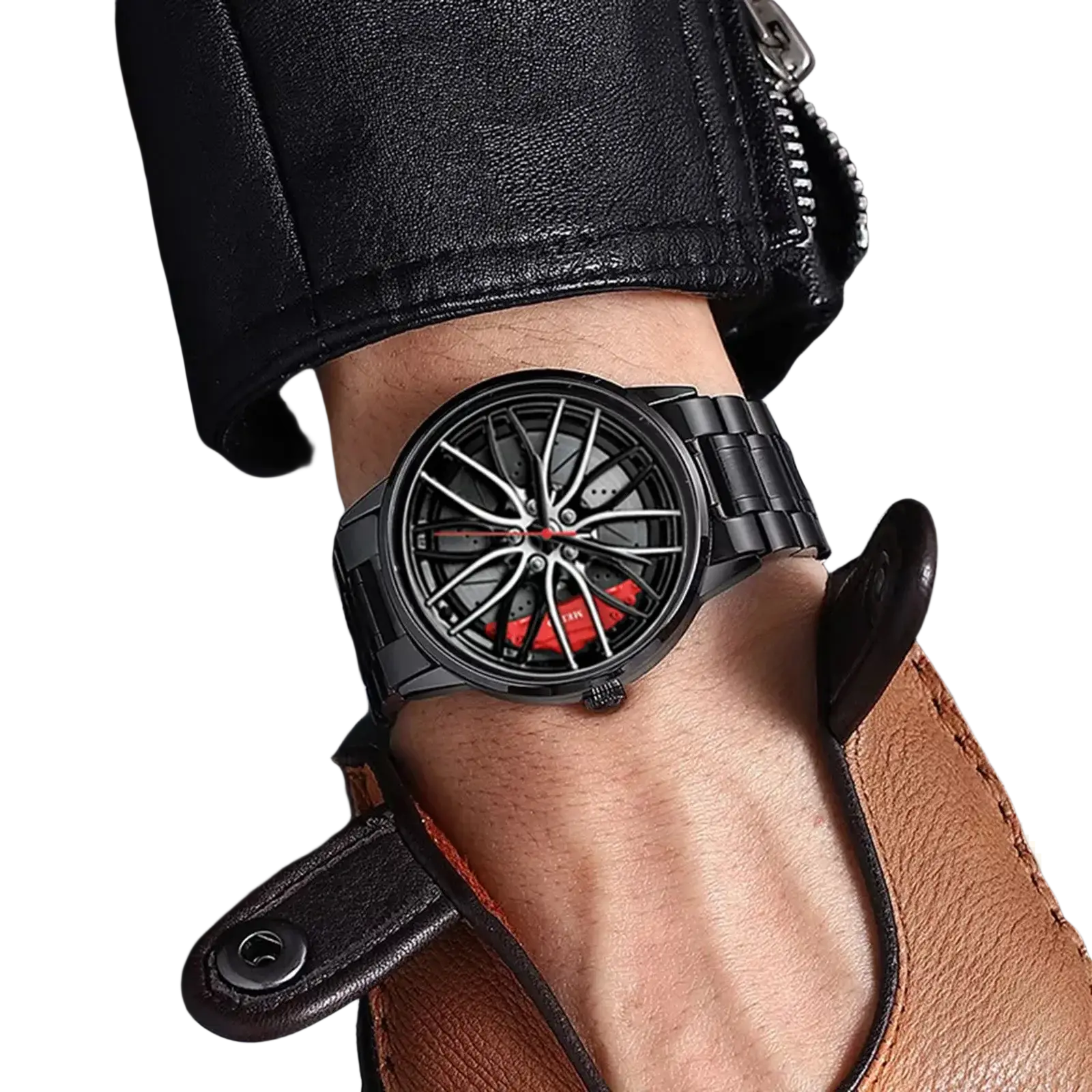 Black waterproof men car wheel rim quartz watch with sporty dial featuring red brake calipers and silver spokes