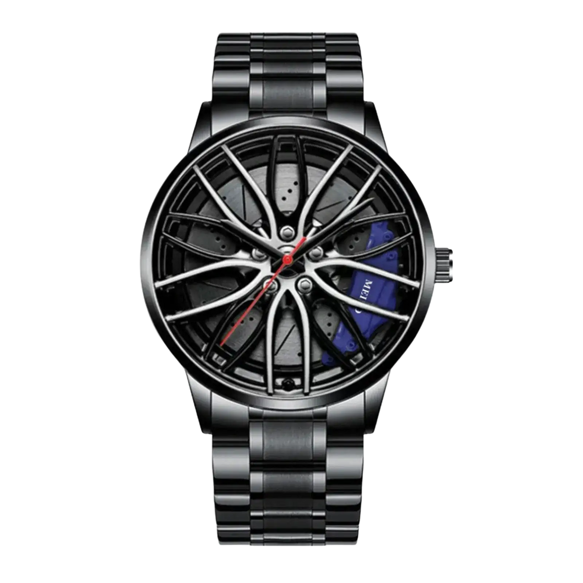 Black stainless steel car wheel rim quartz watch with sporty blue brake calipers red second hand waterproof men