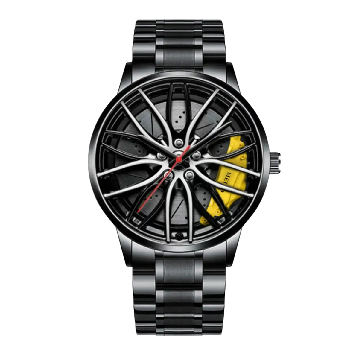 Black stainless steel car wheel rim quartz watch with sporty yellow brake calipers and red hands for men waterproof