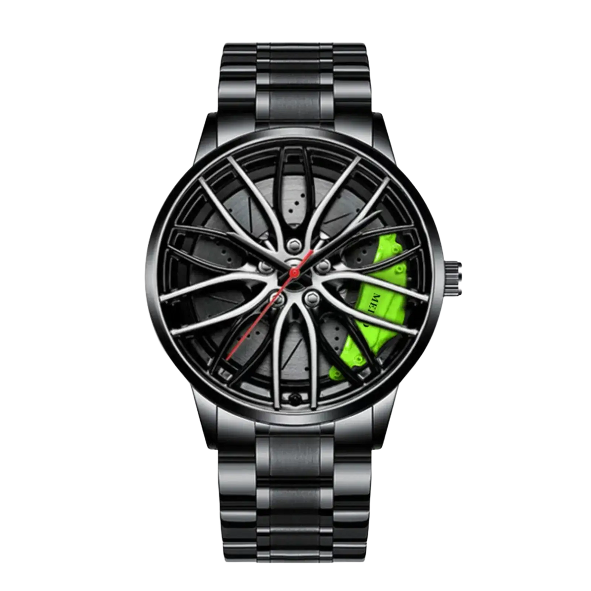 Black stainless steel car wheel rim quartz watch with sporty design and vibrant green brake calipers visible through dial