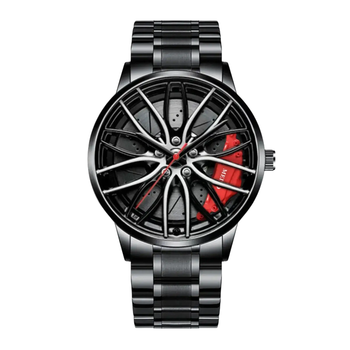Black stainless steel car wheel rim quartz watch with sporty red brake calipers and silver spokes for men waterproof