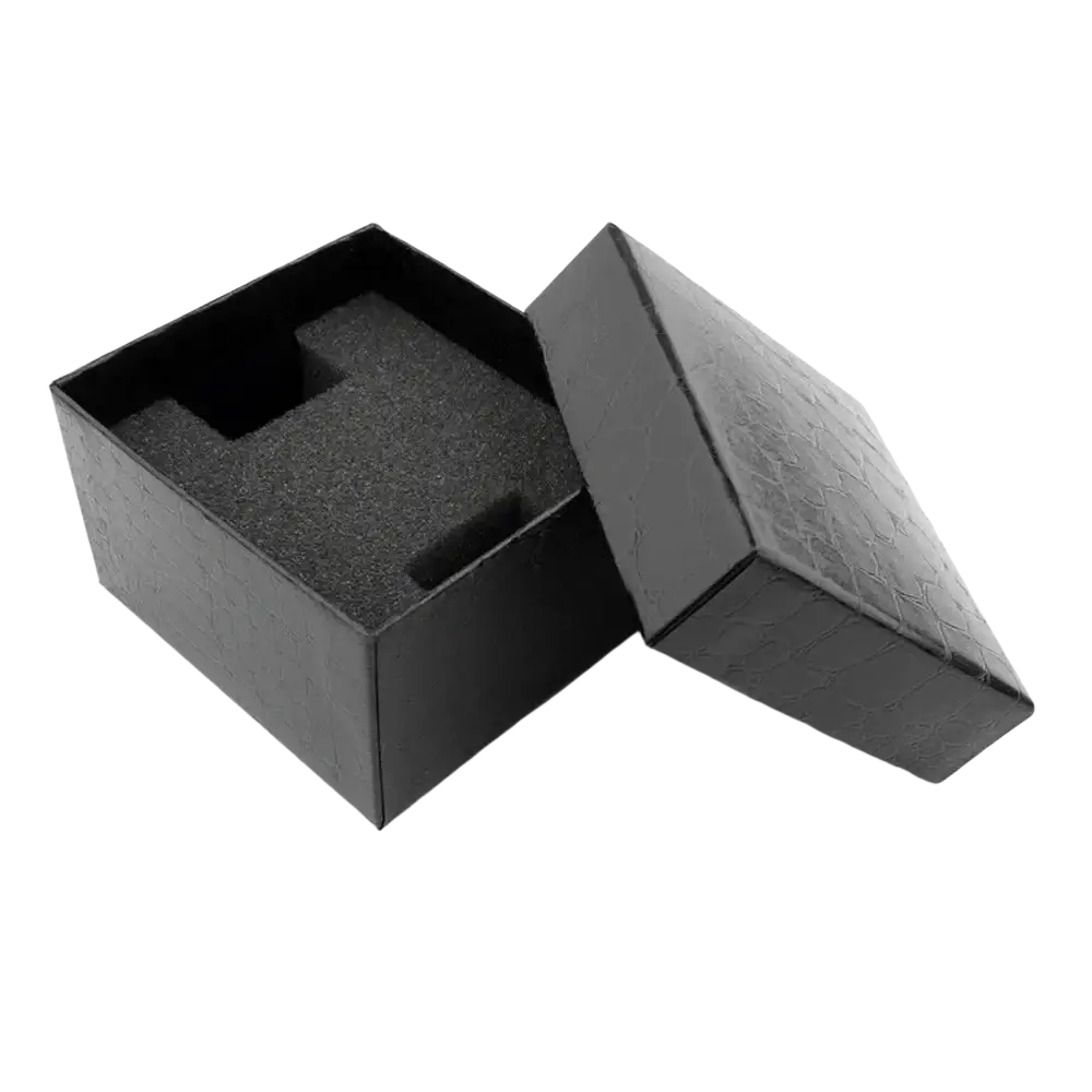 Black textured gift box with matching lid and molded foam insert for car wheel rim quartz watch waterproof men