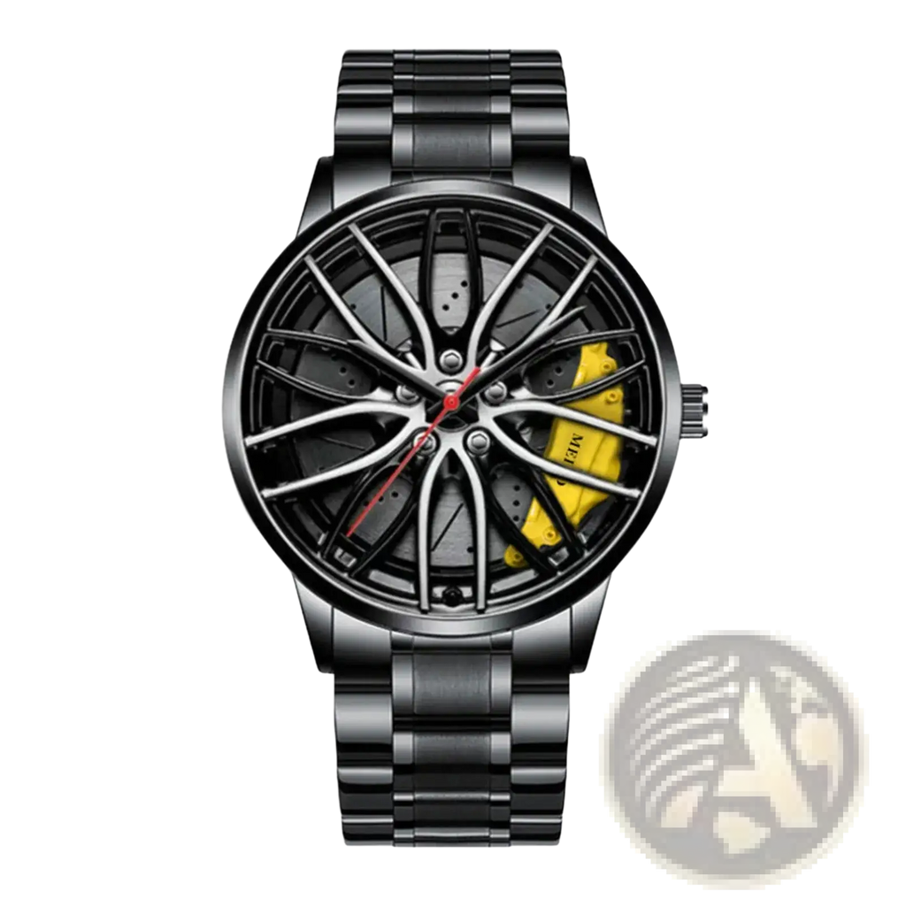 Black stainless steel car wheel rim quartz watch with sporty yellow brake calipers and red hands for men waterproof