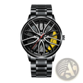 Black stainless steel car wheel rim quartz watch with sporty yellow brake calipers and red hands for men waterproof