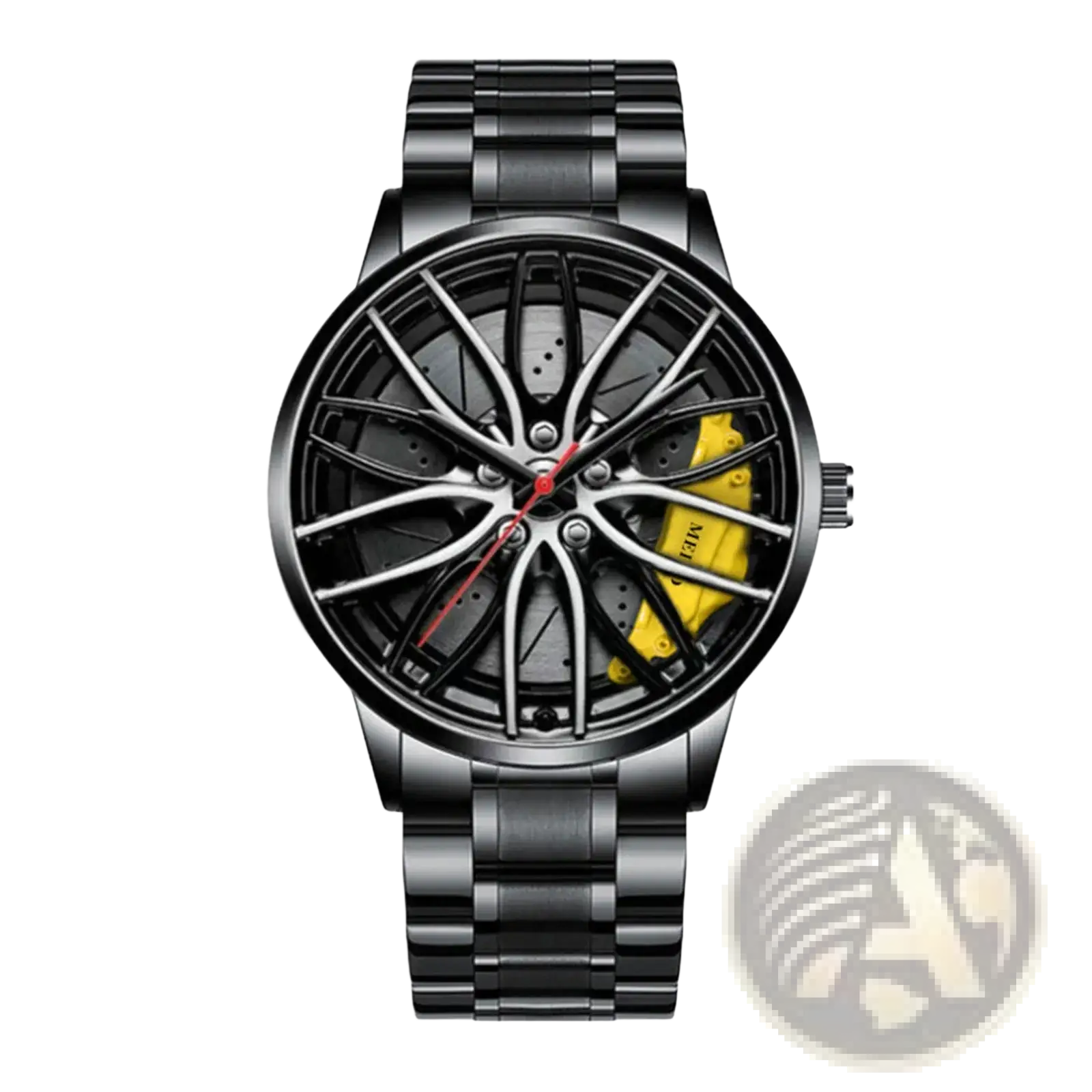 Black stainless steel car wheel rim quartz watch with sporty yellow brake calipers and red hands for men waterproof