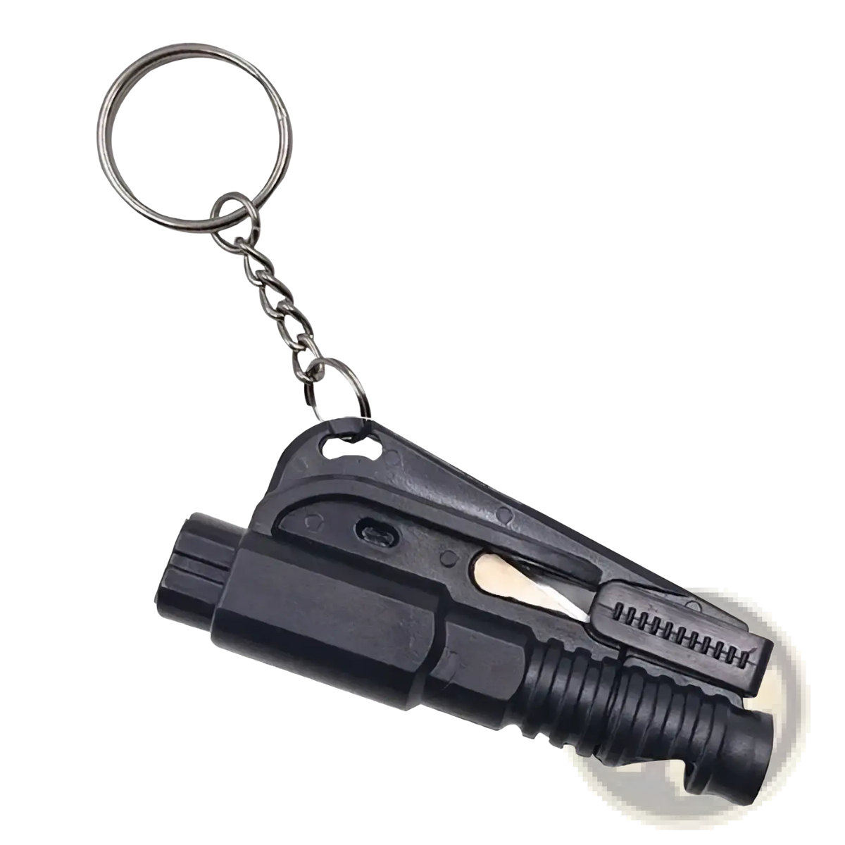Black plastic car window breaker and seatbelt cutter tool keychain with serrated blade and textured grip on metallic ring