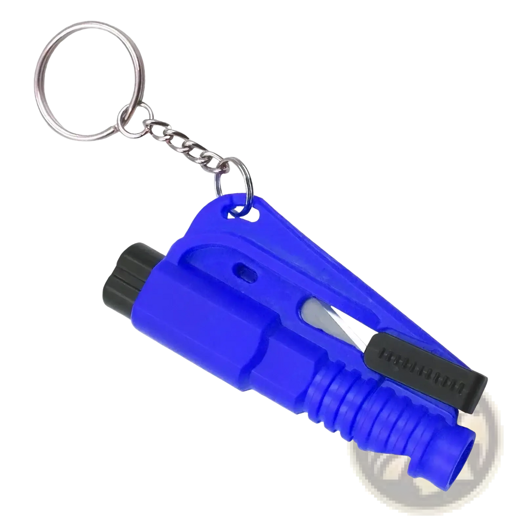 Blue plastic car window breaker and seatbelt cutter emergency tool with black accents and silver key ring