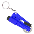 Blue plastic car window breaker and seatbelt cutter emergency tool with black accents and silver key ring