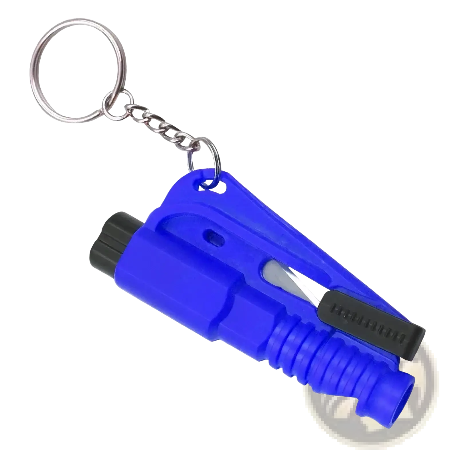 Blue plastic car window breaker and seatbelt cutter emergency tool with black accents and silver key ring