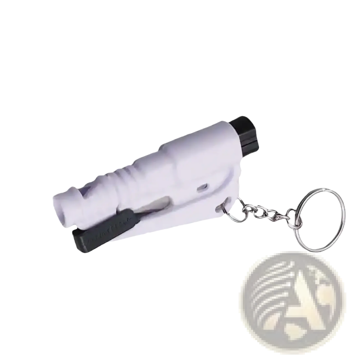 White and black car window breaker and seatbelt cutter tool with keychain attachment for emergency use