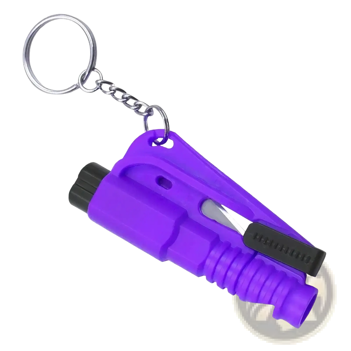 Purple plastic car window breaker and seatbelt cutter tool with black accents and silver keychain for emergencies