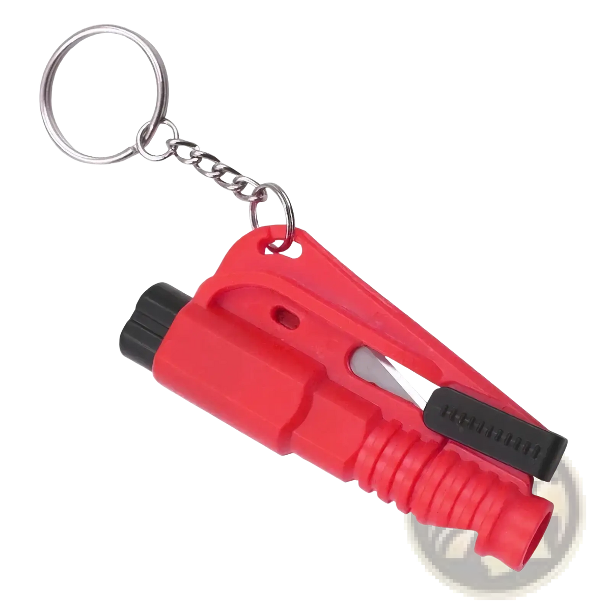 Red plastic car window breaker and seatbelt cutter tool with black accents and silver keychain for emergencies