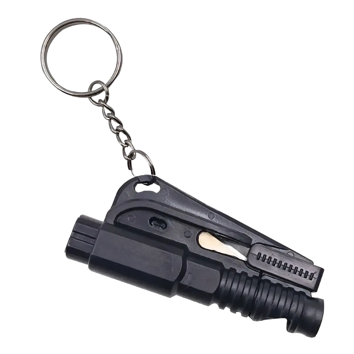 Black plastic car window breaker and seatbelt cutter tool keychain with serrated blade and textured grip on metallic ring