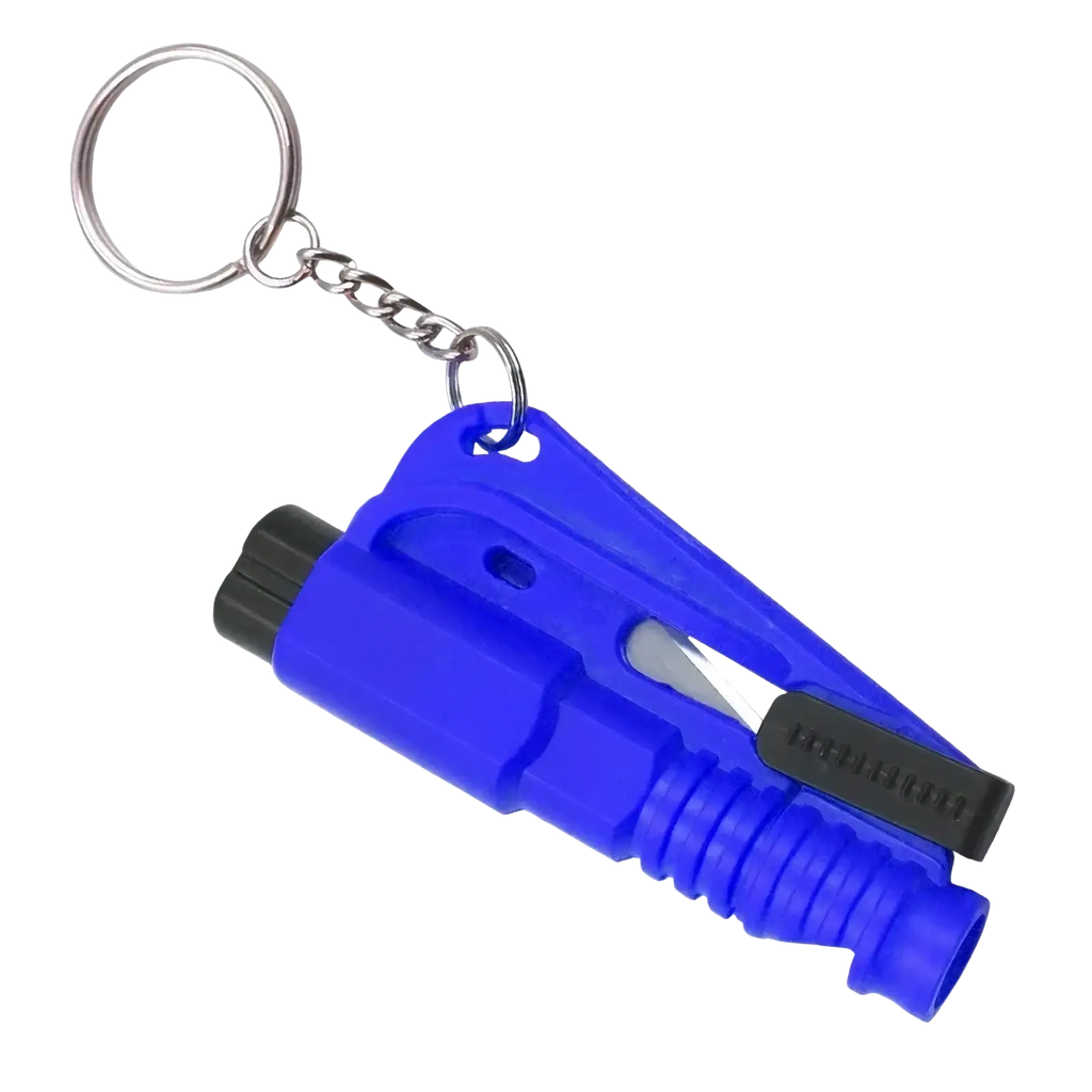 Blue plastic car window breaker and seatbelt cutter emergency tool with black accents and silver key ring