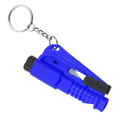 Blue plastic car window breaker and seatbelt cutter emergency tool with black accents and silver key ring