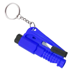 Blue plastic car window breaker and seatbelt cutter emergency tool with black accents and silver key ring