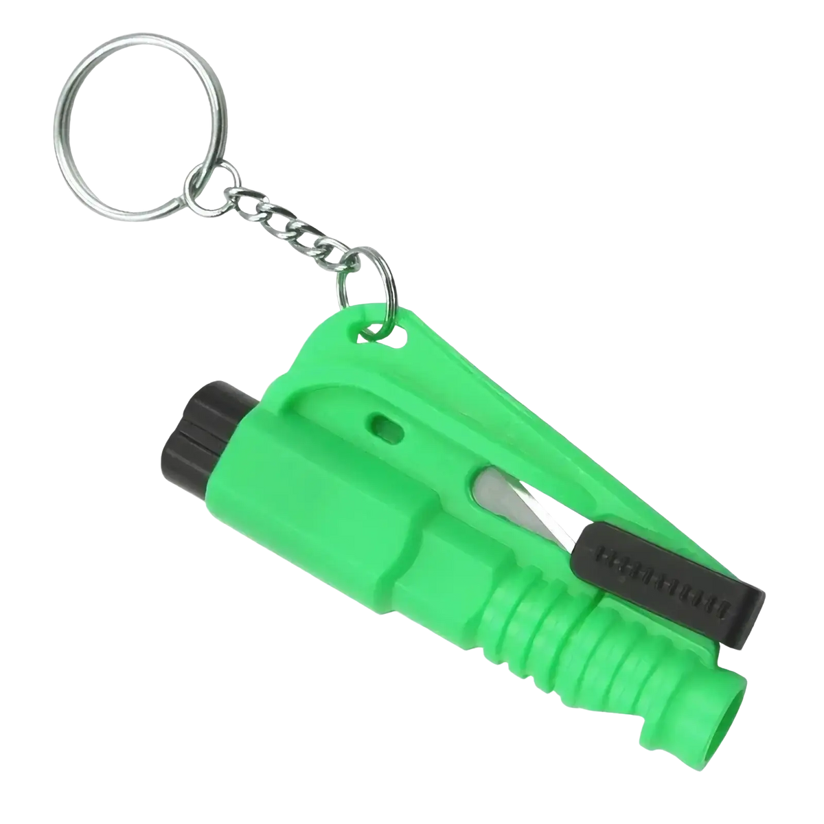 Bright green plastic car window breaker and seatbelt cutter tool with black handle silver blade and metal key ring