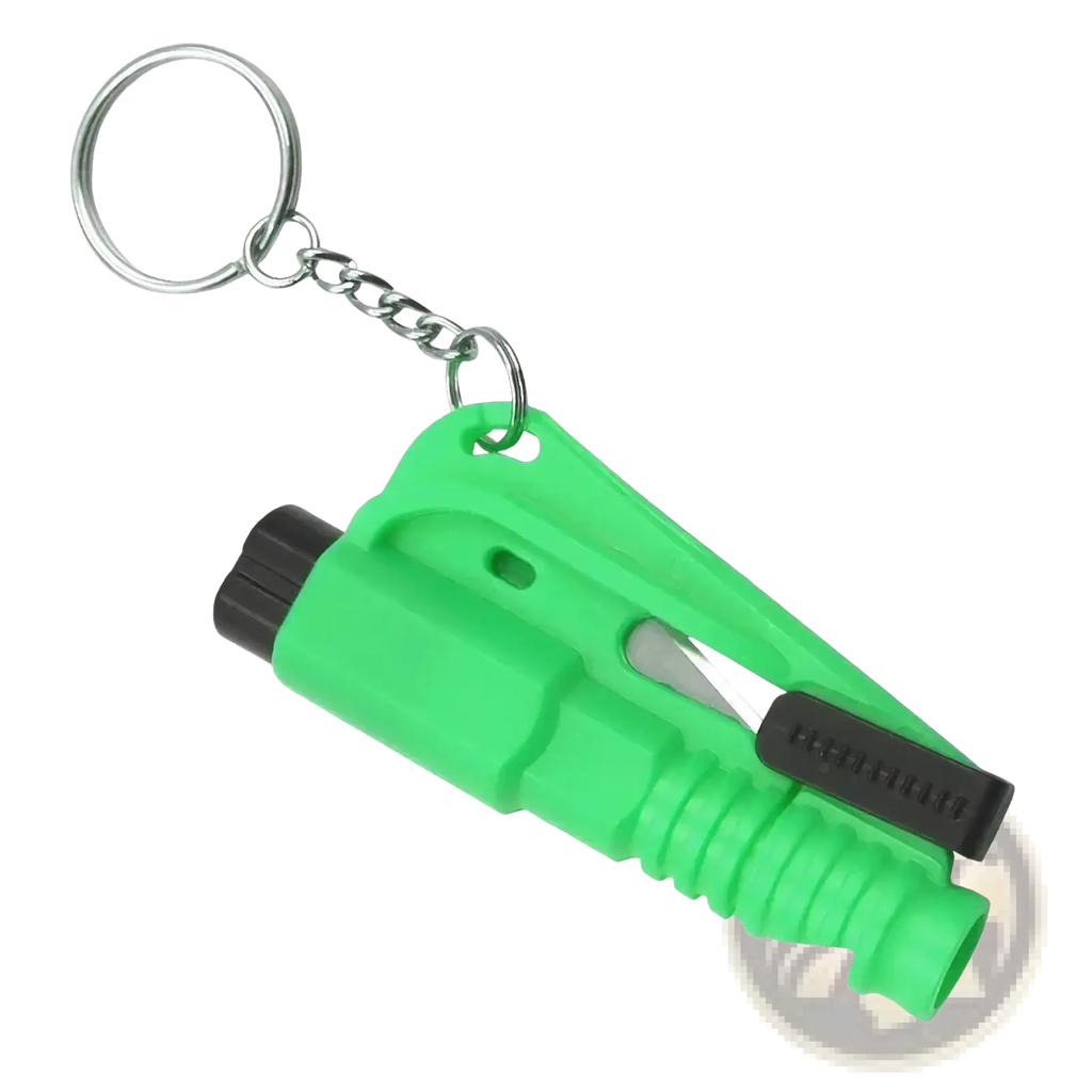 Bright green plastic car window breaker and seatbelt cutter tool with black handle silver blade and metal key ring