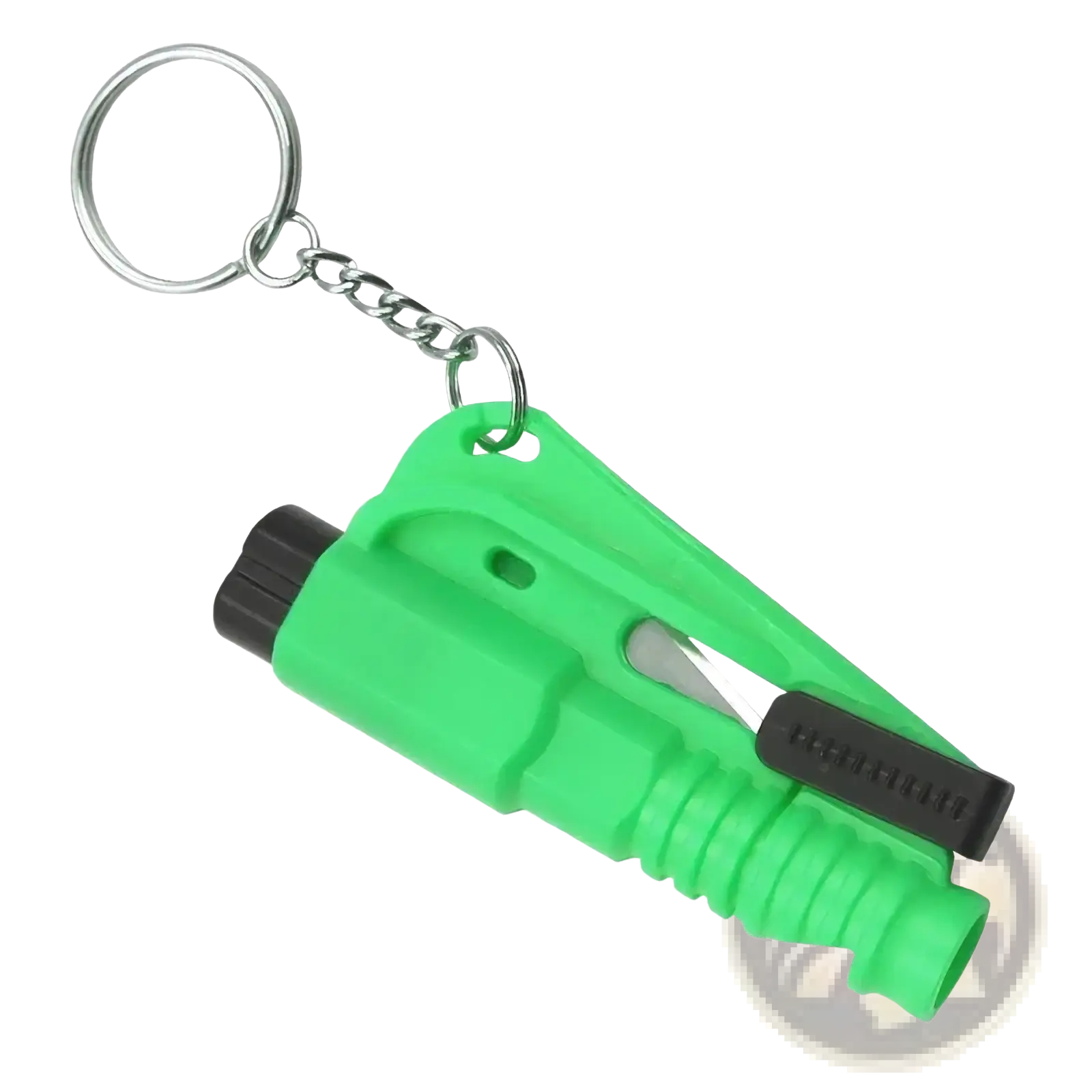 Bright green plastic car window breaker and seatbelt cutter tool with black handle silver blade and metal key ring