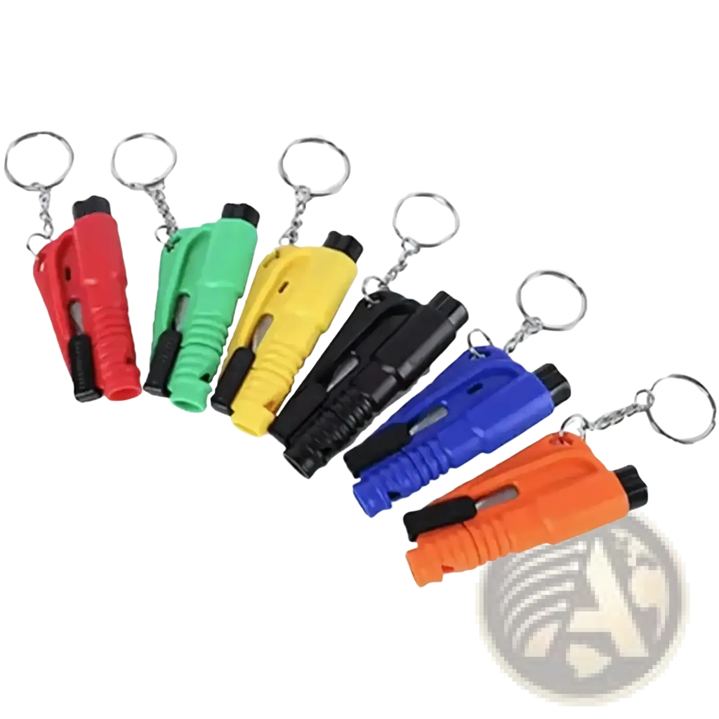 Colorful plastic car window breaker and seatbelt cutter tool keychains in red green yellow black blue and orange