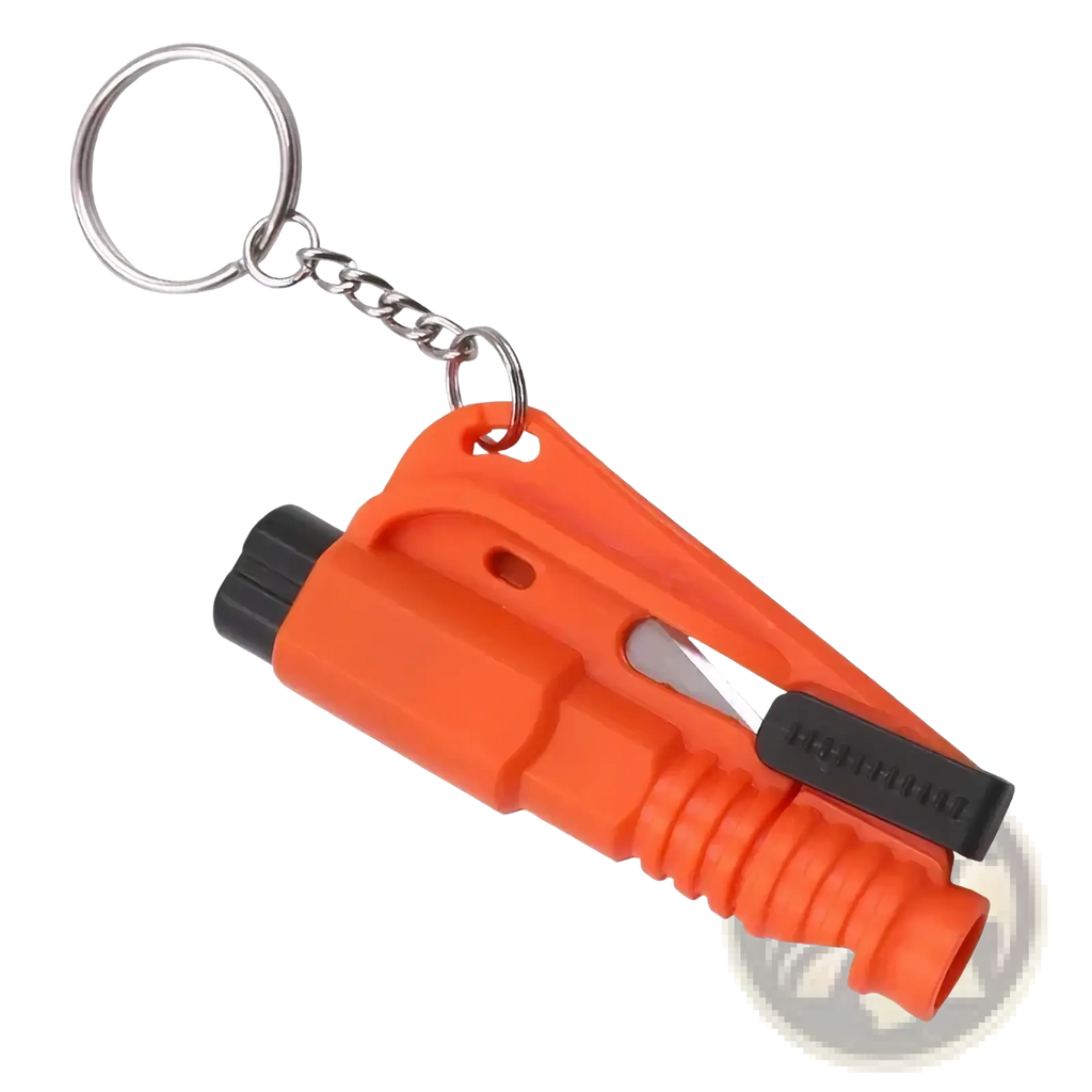 Orange plastic car window breaker and seatbelt cutter keychain tool with black accents and a metallic blade
