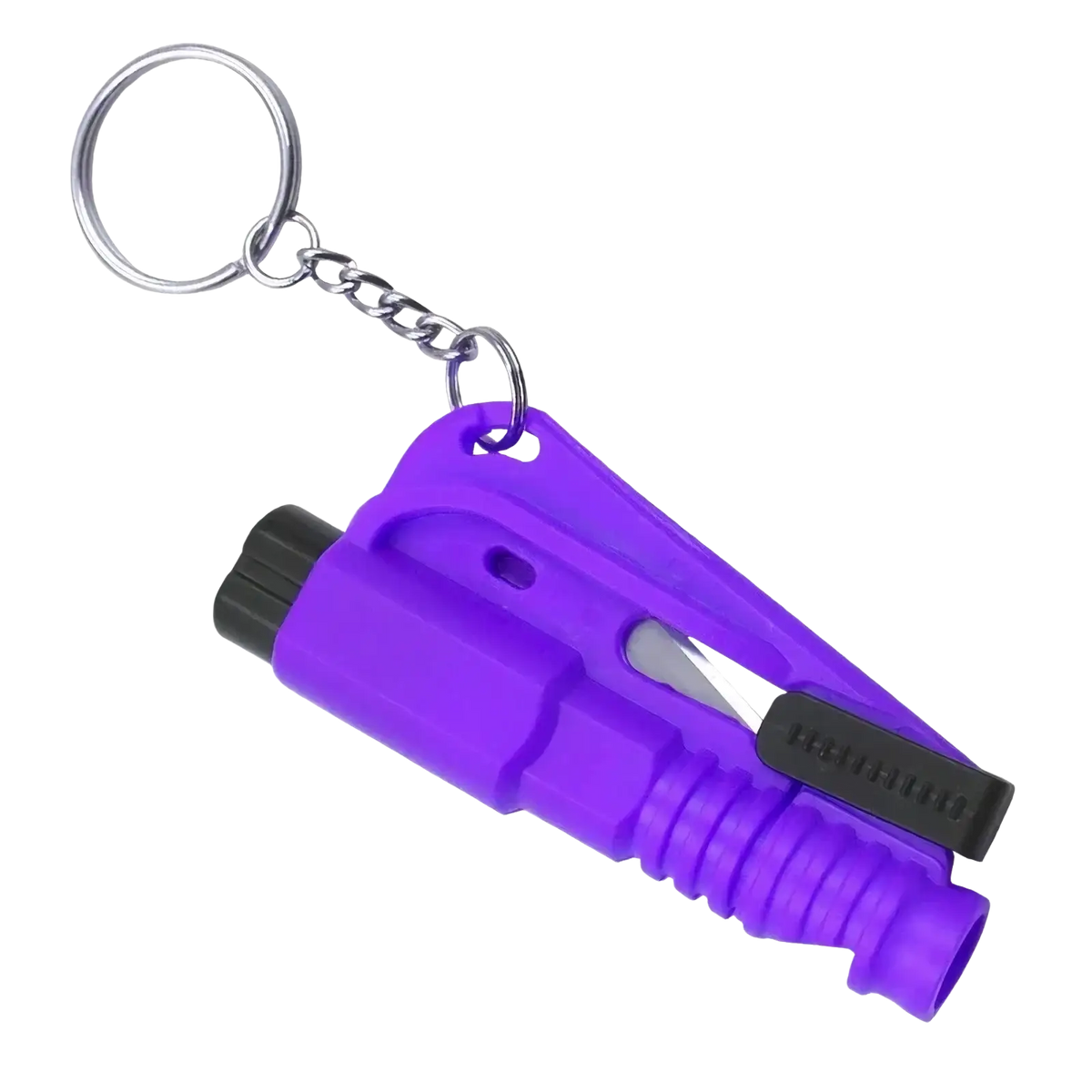 Purple plastic car window breaker and seatbelt cutter tool with black accents and silver keychain for emergencies