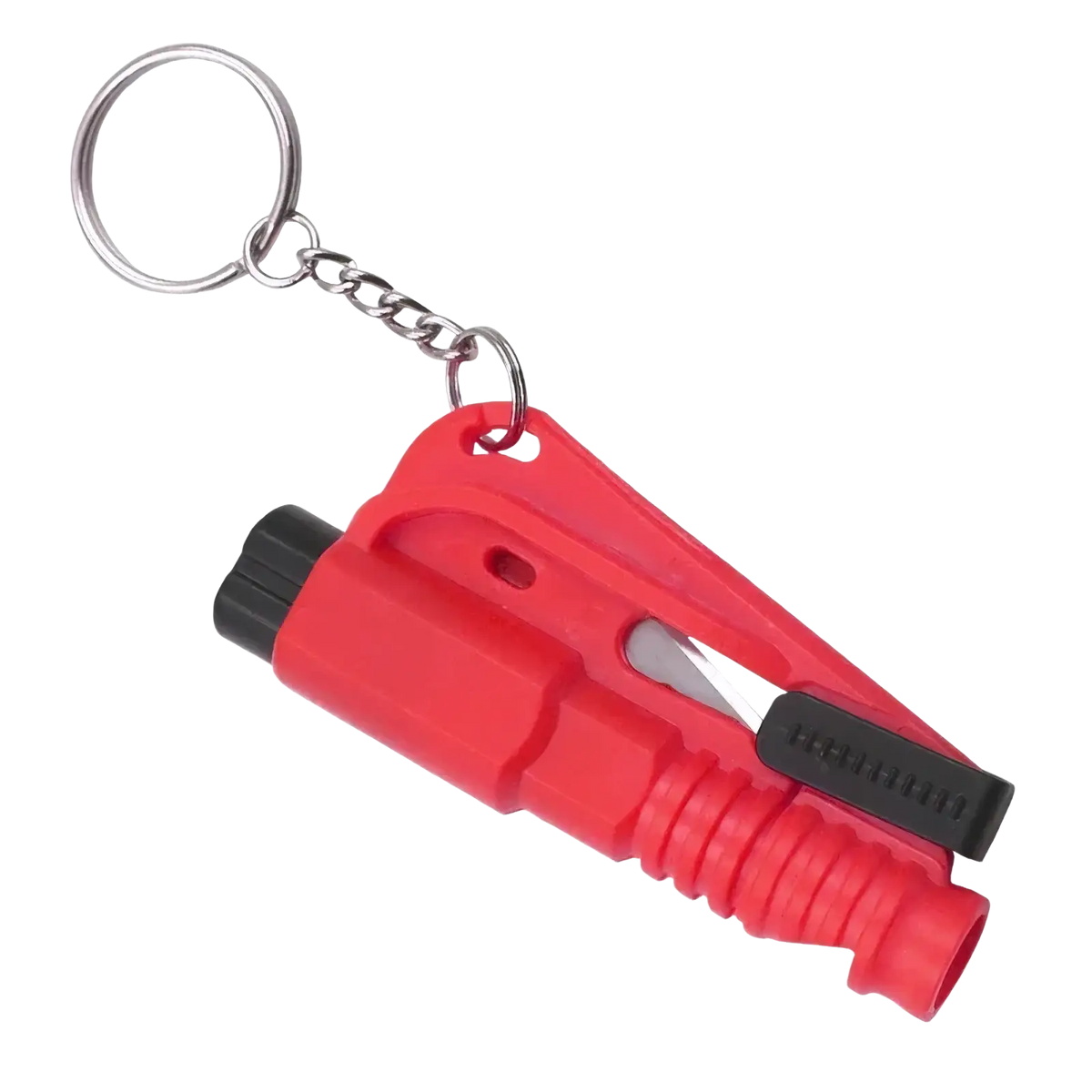 Red plastic car window breaker and seatbelt cutter tool with black accents and silver keychain for emergencies