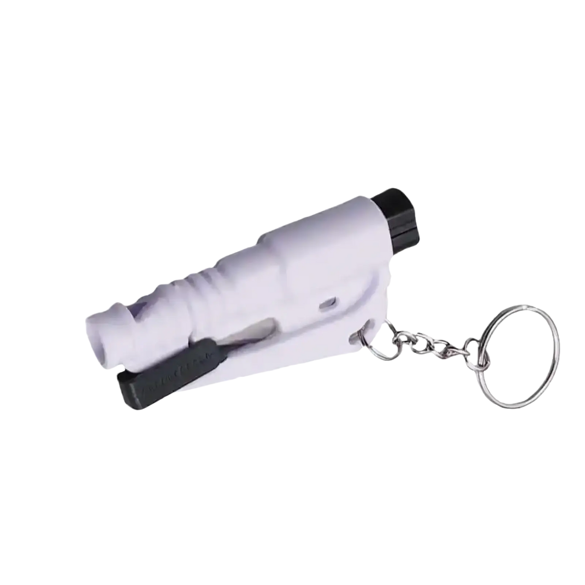 White and black car window breaker and seatbelt cutter tool with keychain attachment for emergency use