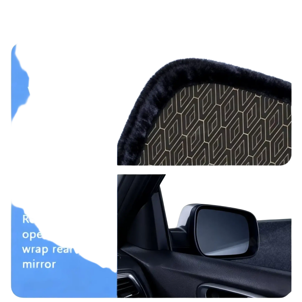 Black geometric-patterned rearview mirror cover with plush velvet edge for car windshield sun shade 5-layer UV protection