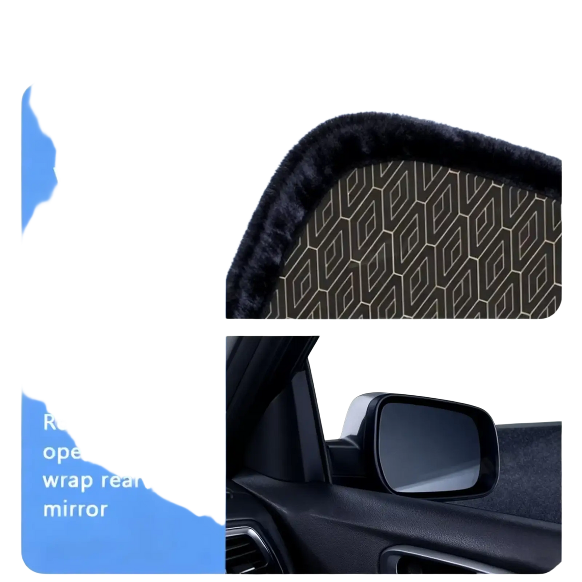 Black geometric-patterned rearview mirror cover with plush velvet edge for car windshield sun shade 5-layer UV protection