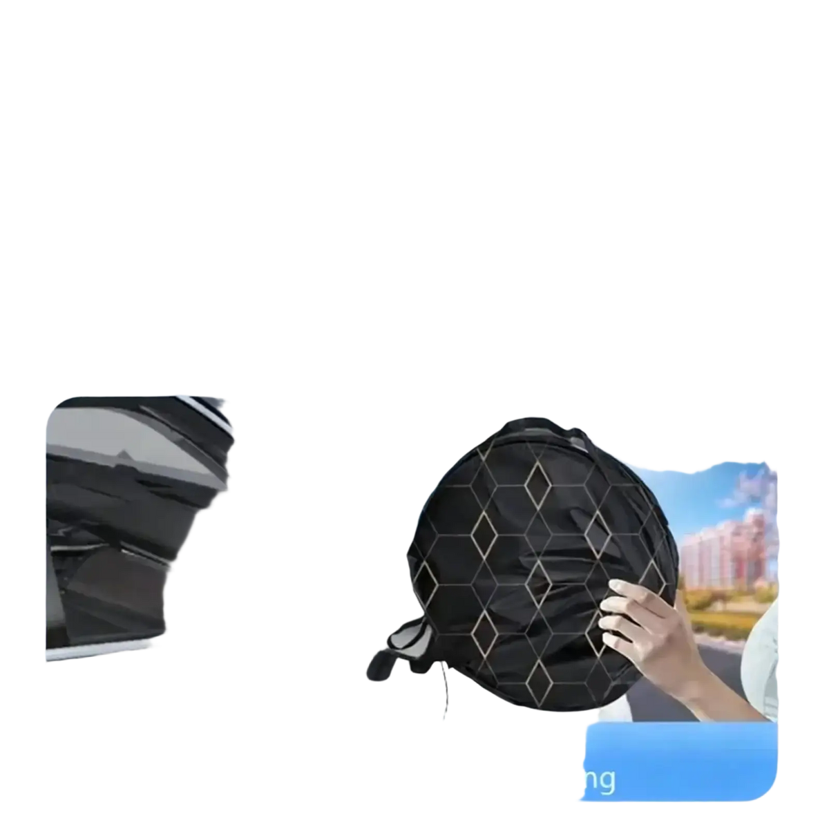 Black hexagonal-patterned car windshield sun shade with mesh texture and adjustable strap for uv protection foldable use