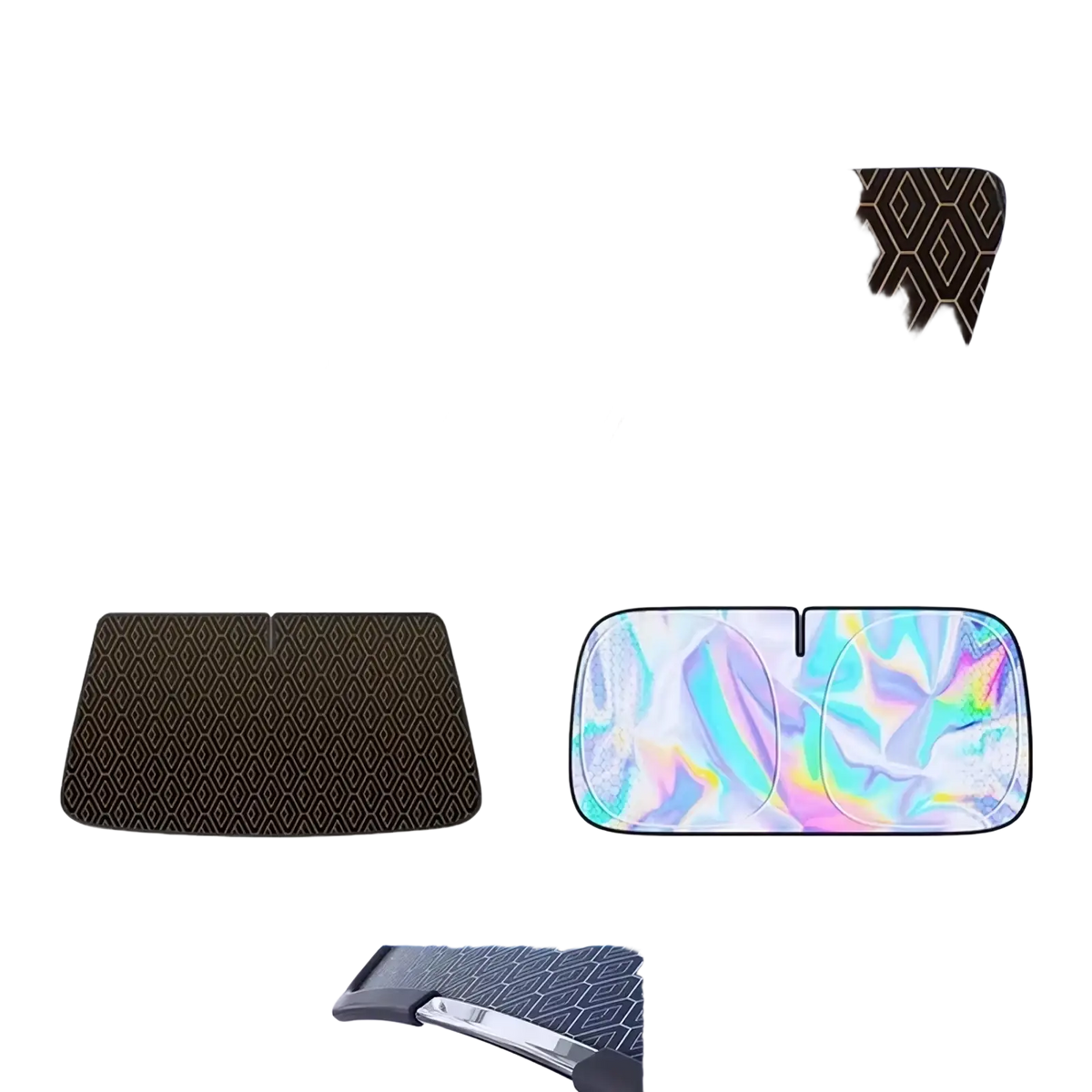 Black and gold geometric-patterned car windshield sun shade with reflective laser design and 5-layer UV protection foldable material