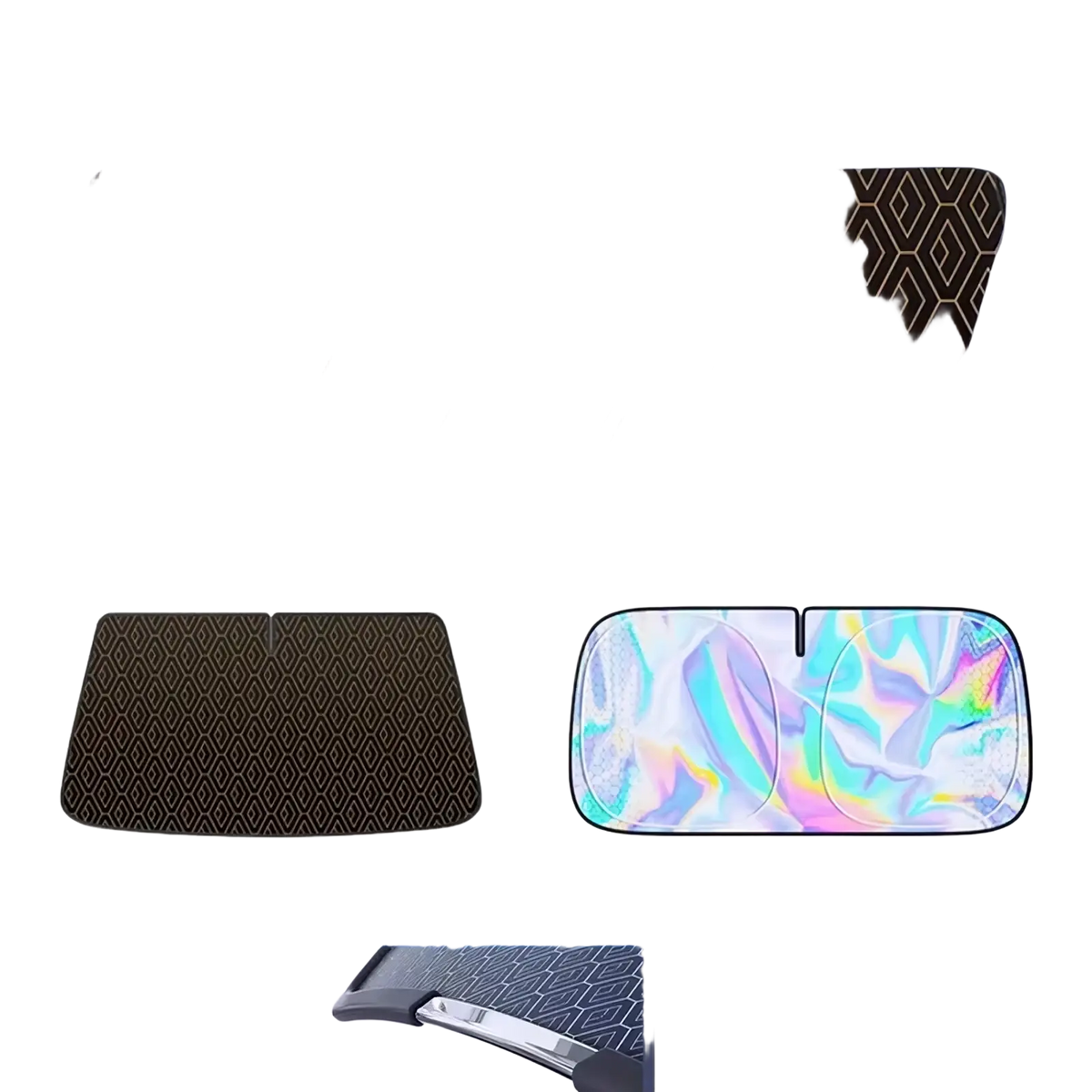 Black and gold geometric reflective laser car windshield sunshade with memory metal frame for uv protection and foldable use