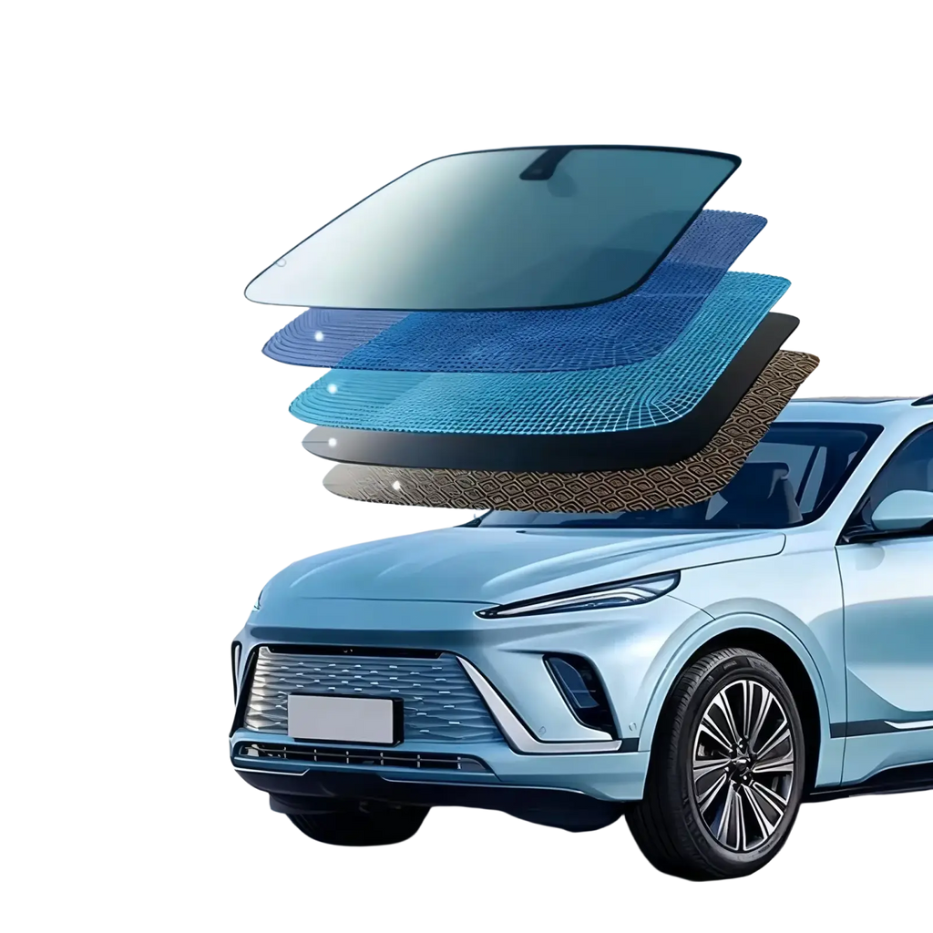 A sleek light blue electric suv with alloy wheels beside a foldable car windshield sun shade with 5-layer UV protection