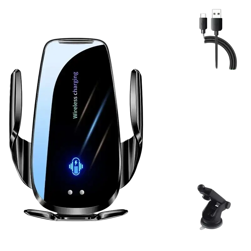 Black wireless charger with sleek glossy finish and blue led indicator light for fast charging car wireless charger vent mount