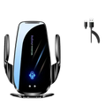 Black car wireless charger with sleek glossy finish and blue led fast charging indicator light vent mount design