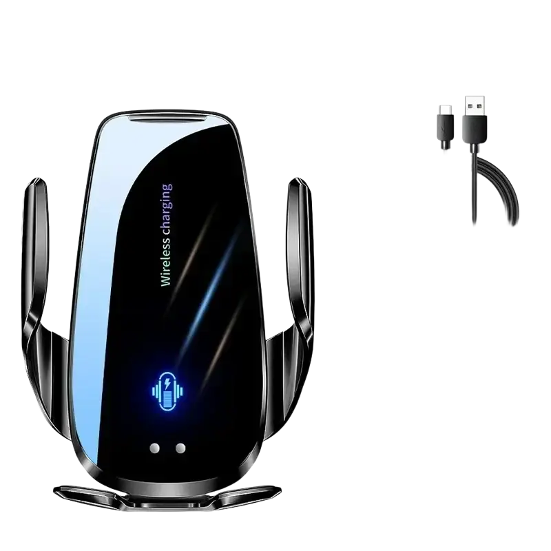 Black car wireless charger with sleek glossy finish and blue led fast charging indicator light vent mount design