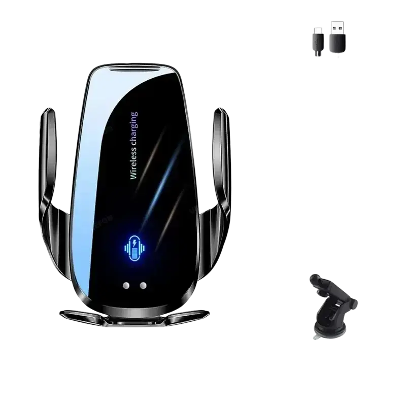 Black car wireless charger with sleek glossy finish and blue led indicators for 15w fast charging vent mount use