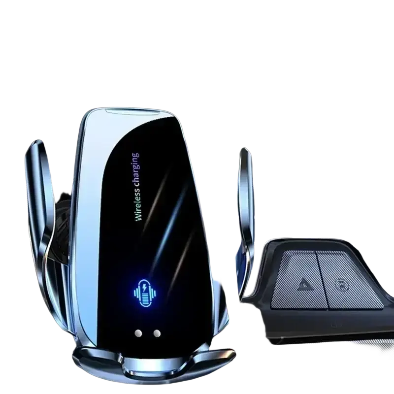 Silver and black car wireless charger with sleek design and led indicators for 15w fast charging vent mount use