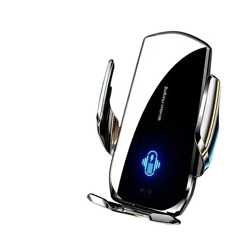 A sleek chrome finished car wireless charger vent mount with a black panel showing a glowing blue fast charging icon