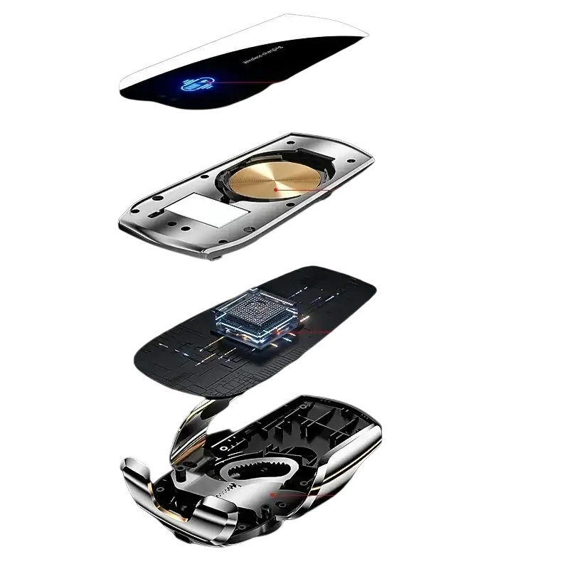A sleek silver and black car wireless charger 15w fast charging vent mount with a glowing blue icon on its surface