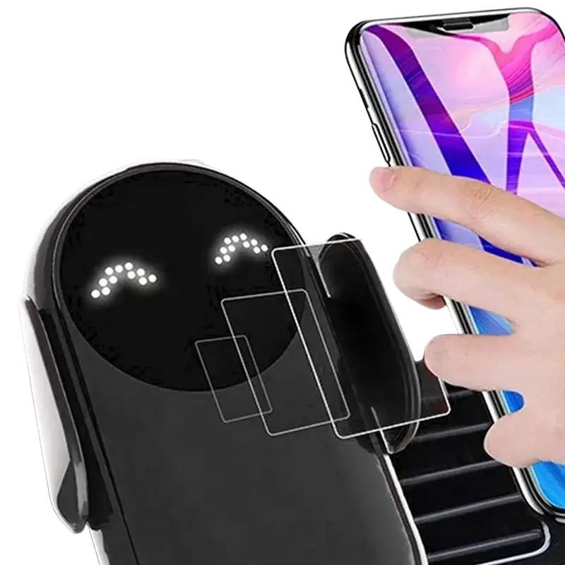 Black circular car wireless charger with fast charging mount featuring a cute face design and glowing white led eyes