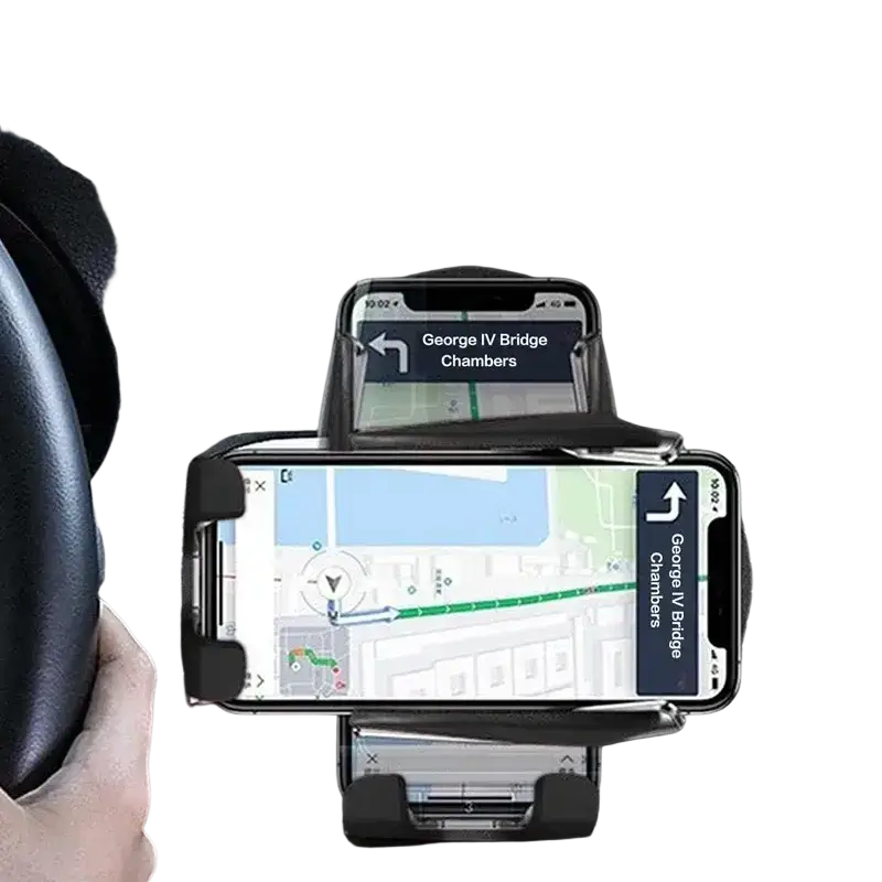 Black car wireless charger and fast charging mount holding two smartphones on a steering wheel setup