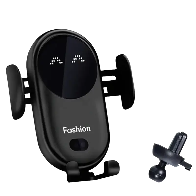 Black wireless charger with sleek oval design and digital display showing smiling faces for car wireless charger fast charging mount
