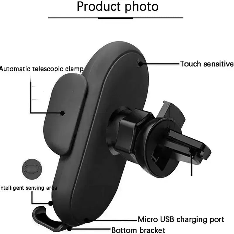 Black car wireless charger with fast charging mount, featuring automatic telescopic clamp and micro USB port