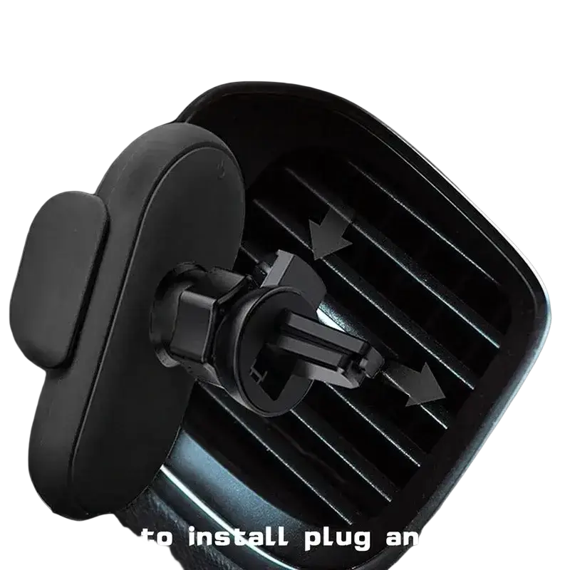 Black plastic car wireless charger air vent phone holder with adjustable clamp and soft grip for fast charging mount