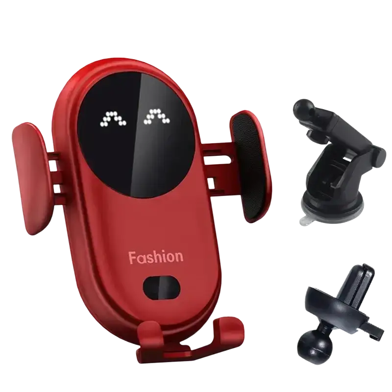 Red wireless charger car fast charging mount with sleek design and digital display showing two smiling faces