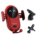 Red wireless charger car fast charging mount with sleek design and digital display showing two smiling faces