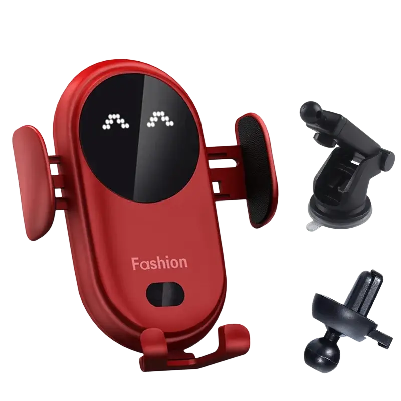 Red car wireless charger with sleek glossy finish and digital display showing fast charging indicators