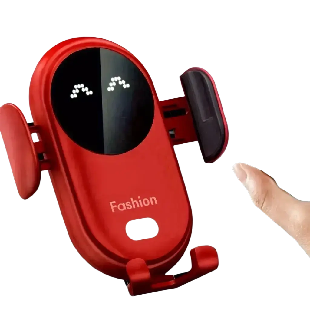 Red wireless charger with circular white led display and fashion branding for car wireless charger fast charging mount
